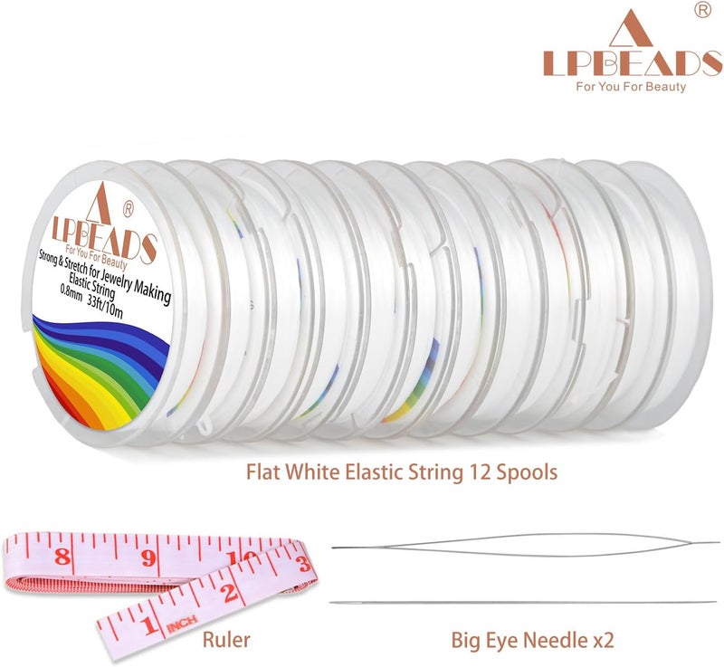 LPBeads 12 Rolls 0.8mm Elastic Stretchy String Cord for Bracelet Jewelry Making with Beading Needles and Ruler - Image 2